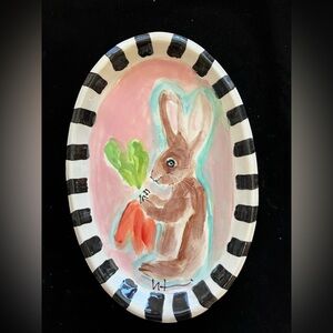 Handmade Ceramic Serving Tray” Bunny  w/Carrots“ Design 12”x8”Original Design